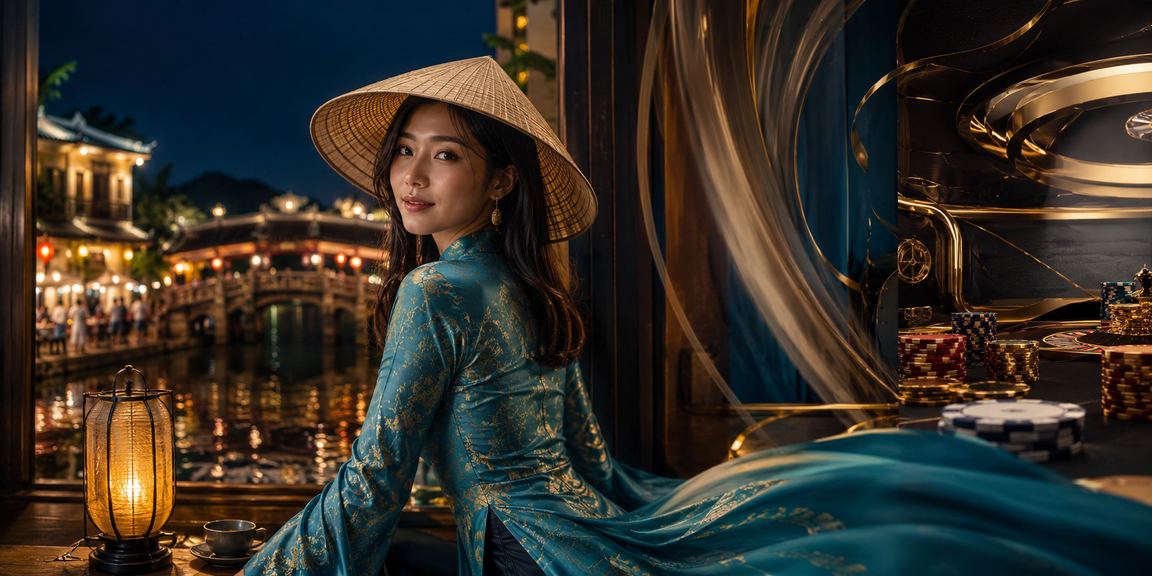 Người dùng mặc áo dài tại Hội An truy cập nền tảng casino trực tuyến trên điện thoại
