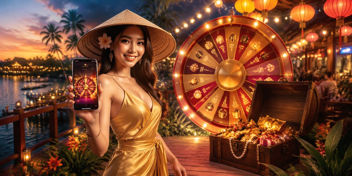 Người chơi tại Phú Quốc đội nón lá tham gia vòng quay may mắn trên app mobile